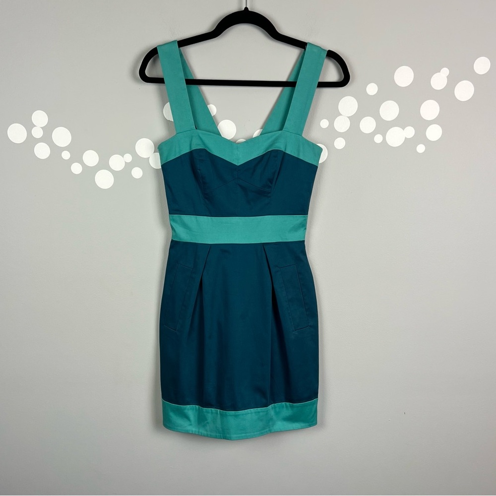 French Connection Teal and Aqua Colorblock Sleeveless Sheath Dress
